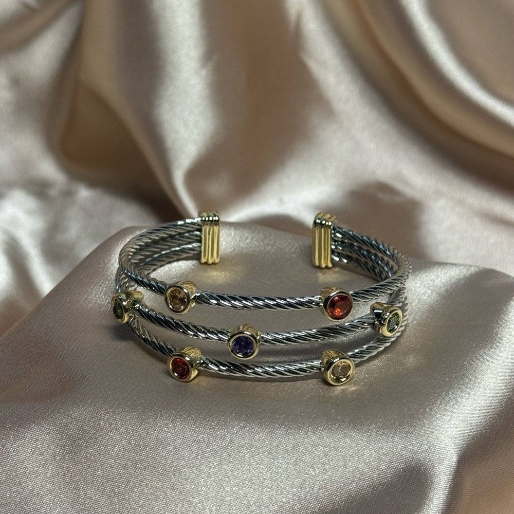 Elegant Gold and Silver Cable Bracelet with Multicolor Gemstones